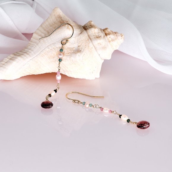 Tourmaline & Small Pearls Dangle Earrings, 14K Gold Filled Dainty Earrings - Picture 5 of 9